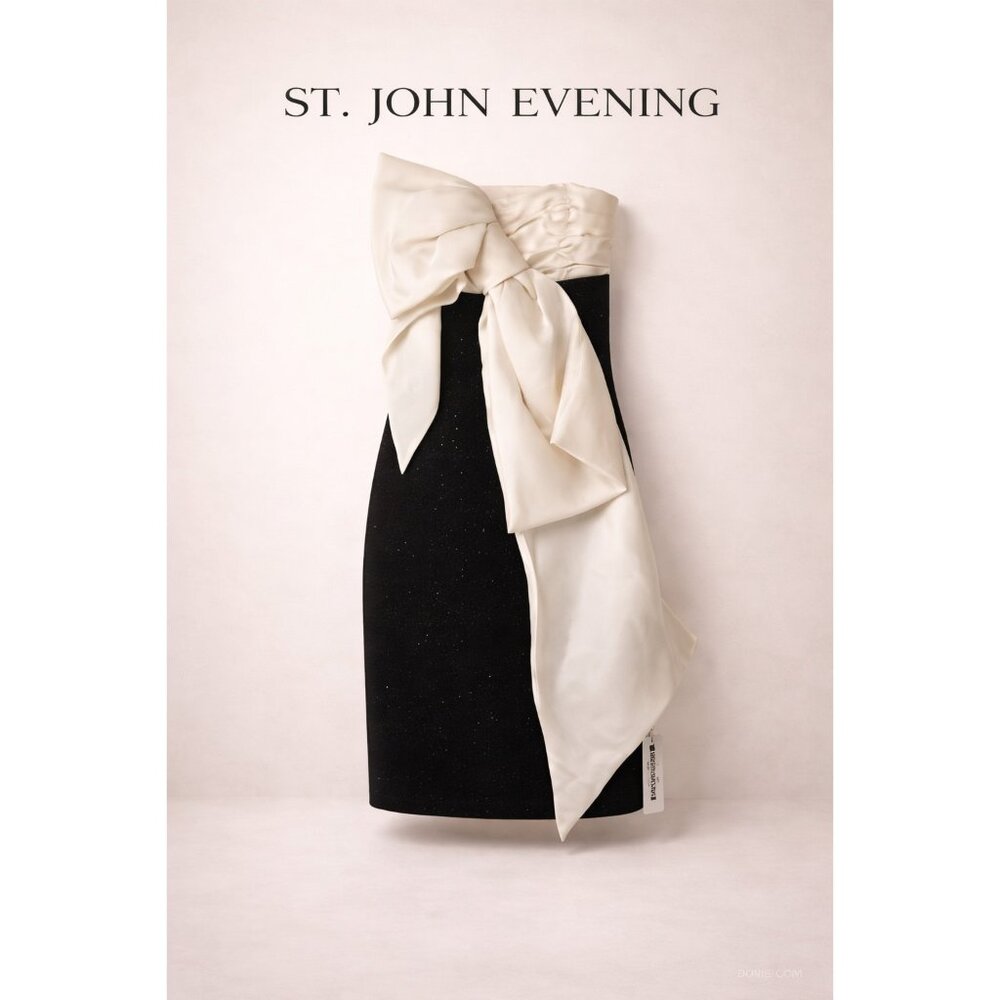 St John Evening Strapless Bow Dress Size 2 Vintage Black Cream Silk Nordstrom Ta